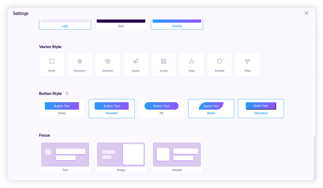 Generation settings-Custom design settings including button styles