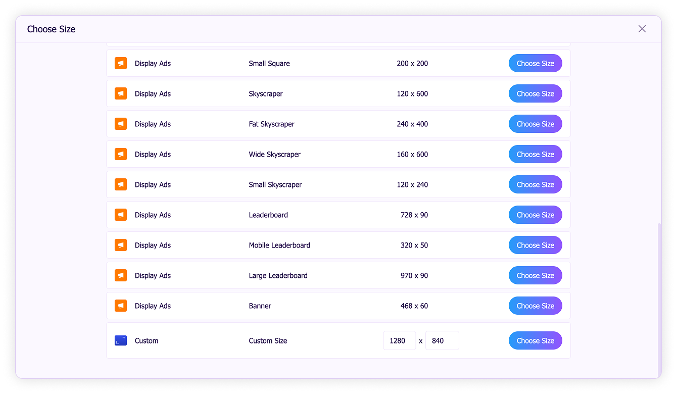 Choose dimensions-Custom design size