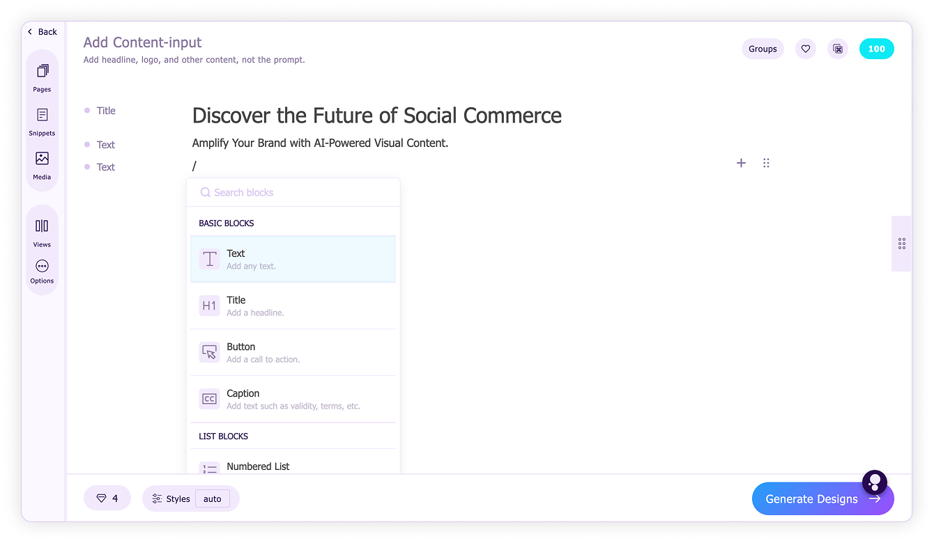 Content blocks-Slash command menu