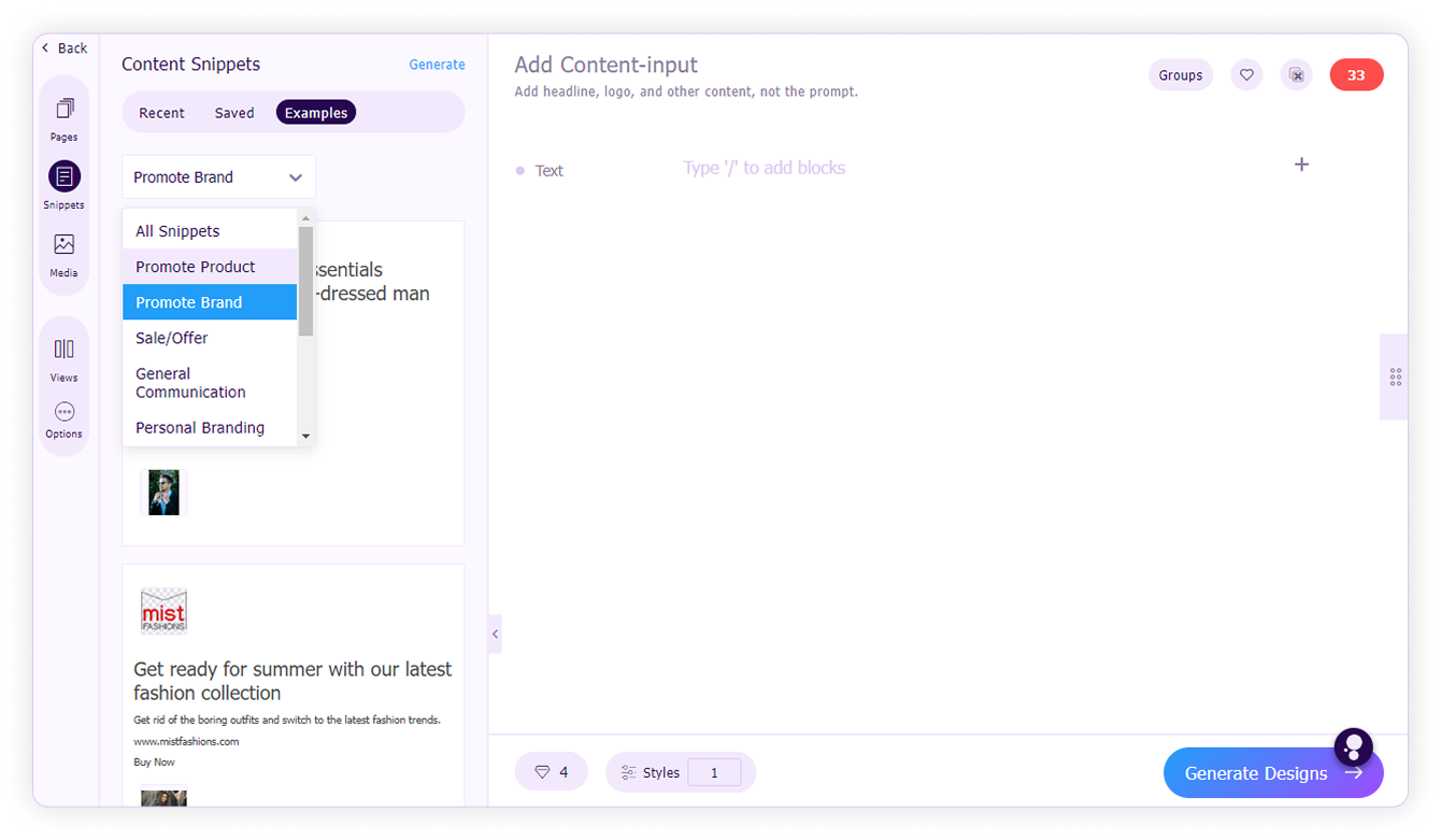 Content snippets-Select examples