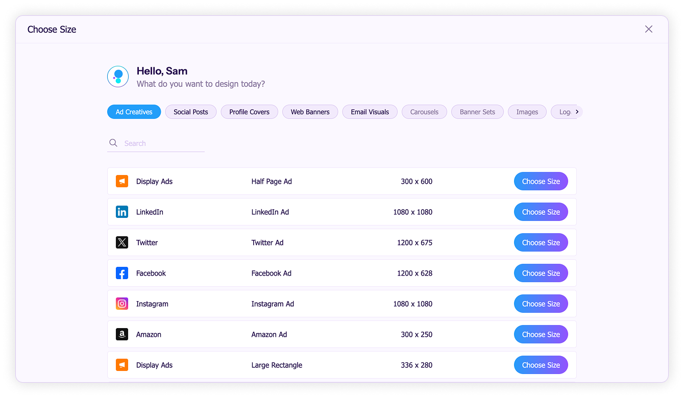 Generate designs for your content-Choose dimensions