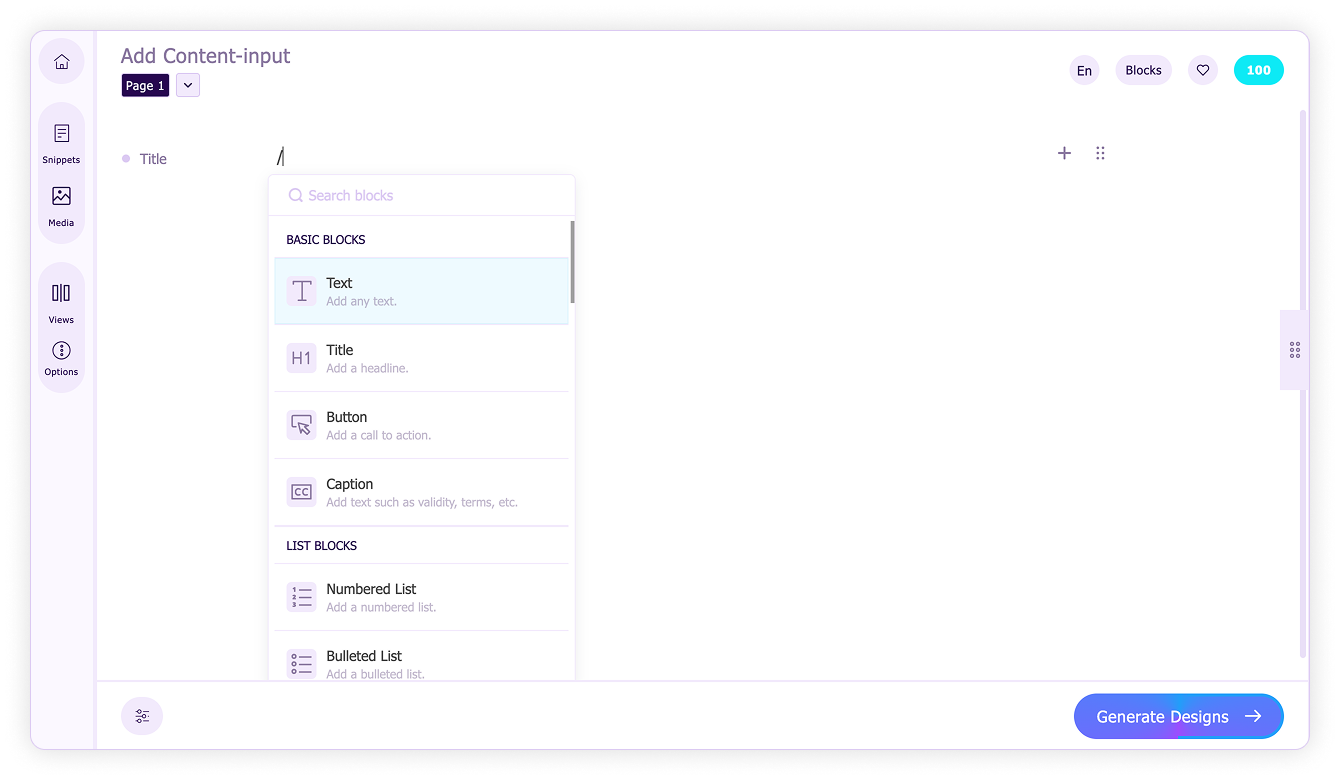 Generate designs for your content-Slash command in content editor