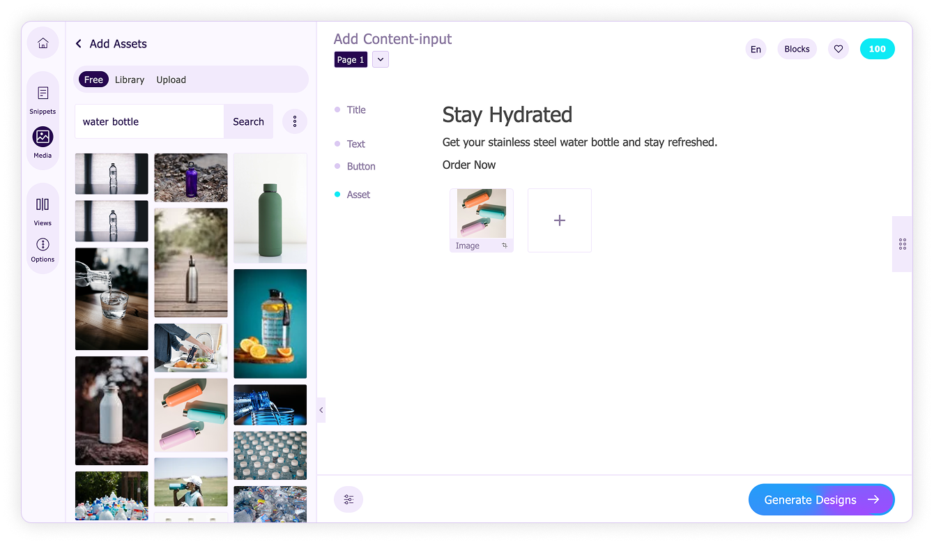 Generate designs for your content-Add asset to content editor